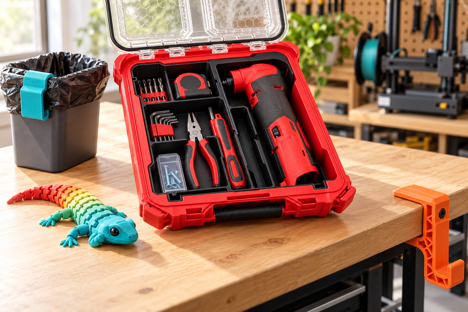 3D printed toy, bin bag clip, table edge clip and custom tool case insert