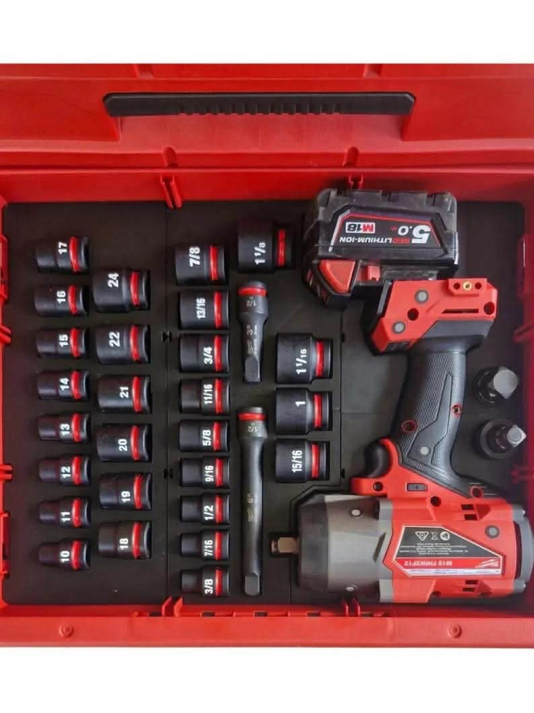 Custom tool storage arranged inside a Milwaukee Packout case